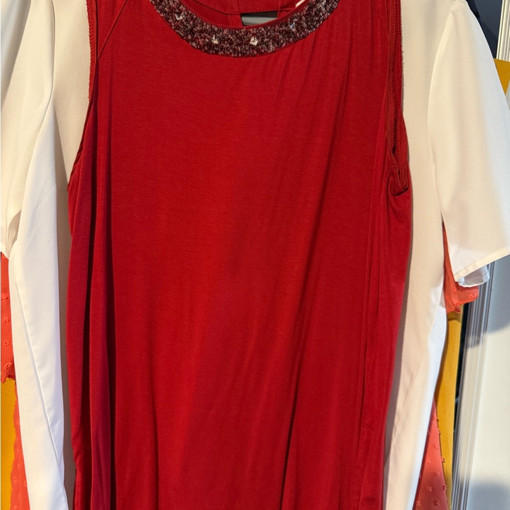 Liz Claiborne Red Sleeveless Knit Tank with Beaded Neckline